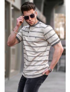 Madmext Beige Striped Polo Neck Men's T-Shirt 5874