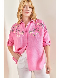 Bianco Lucci Women's Daisy Embroidered Sleeve Fold Ayrobin Linen Shirt