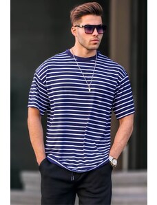 Madmext Men's Navy Blue Striped Basic T-Shirt 6071