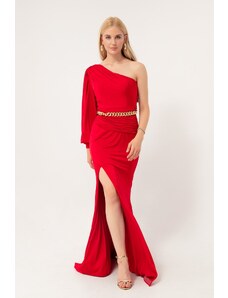 Lafaba Women's Red One-Shoulder Chain Long Evening Dress