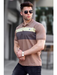 Madmext Men's Brown Striped Polo Neck T-Shirt 5864