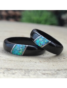 Woodlife Snubní prsteny s ocelí a modrým opálem