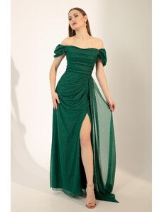 Lafaba Women's Emerald Green Boat Collar Draped Long Glittery Evening Dress with a Slit.
