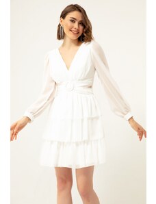 Lafaba Dámské bílé nabírané dekolt Mini šifonové večerní šaty