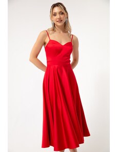 Lafaba Women's Red Thin Strap Midi Satin Evening Dress