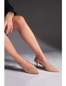 Marjin Women's Pointed Toe Open Side Band Classic Heel Shoes Suder Beige