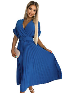 Plisované midi šaty s výstřihem a širokým páskem Numoco FELICIA - modré