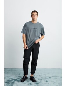 GRIMELANGE Frank Pánské oversize fit 100% bavlna tlustá texturovaná potištěná šedá košile