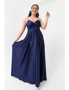 Lafaba Women's Navy Plus Size Satin Long Evening Dress &; Prom Dress with Threads