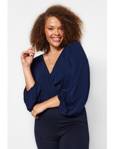 Trendyol Curve Navy Blue Balloon Sleeve Double Breasted Collar Knitted Blouse