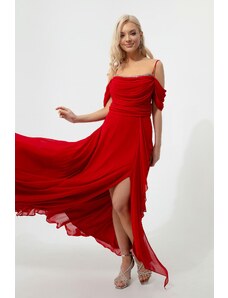 Lafaba Women's Red Long Evening Dress with Thread Straps and Stone Detail.