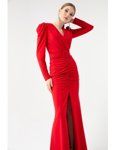 Lafaba Women's Red Long Sleeve Double Breasted Neck Slit Evening Dress