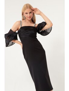 Lafaba Dámské černé princeznovské rukávové korálkové ramínko Organza Midi večerní šaty