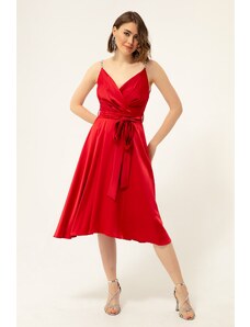 Lafaba Women's Red Double Breasted Neck Midi Satin Evening Dress.