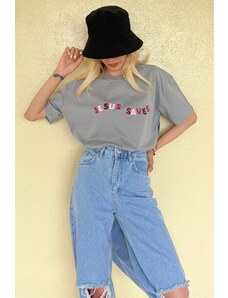 Madmext Dyed Gray Printed Oversize T-Shirt