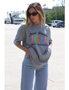 Madmext Painted Gray Printed Oversized T-Shirt