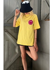 Madmext Yellow Back Printed Oversized Round Neck Women's T-Shirt