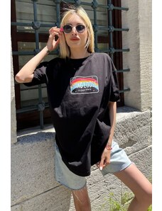 Madmext Women's Black Printed Oversize T-shirt Mg808
