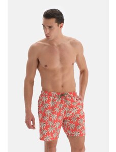 Dagi Orange - Ecru Palm Tree Patterned Medium Swim Shorts