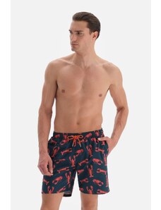 Dagi Navy Blue-Orange Lobster Pattern Mid Sea Shorts