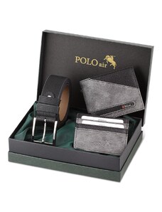 Polo Air Men's Gray Black Belt Wallet Card Holder Combination Set