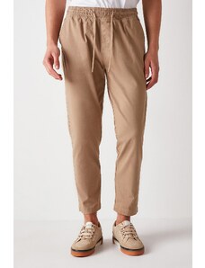 GRIMELANGE Reese Men's Comfortable Fit Elastic Waist Woven Cotton Elastane Fabric Washed Beige Trousers