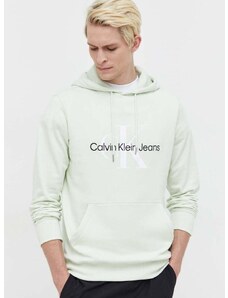 Bavlněná mikina Calvin Klein Jeans pánská, zelená barva, s kapucí, s potiskem