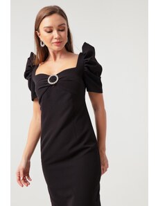 Lafaba Dámské černé šaty s kamennou sponou s balónovým rukávem