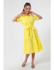 Lafaba Women's Yellow Coated Buttoned Belted Dress Wide Size Range