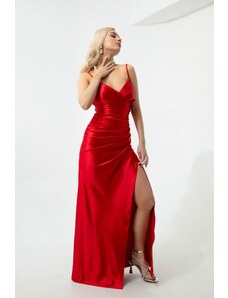 Lafaba Women's Red Backless Long Evening Dress with a Slit