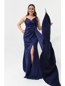 Lafaba Dámské námořnická modř Plus Size Dlouhé saténové večerní šaty a promoční šaty