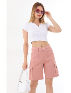 BİKELİFE High Waist Flexible Bermuda Shorts with Cargo Pocket.