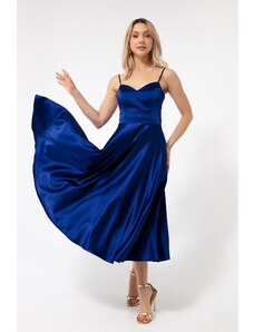 Lafaba Dámské námořnické modré tenké ramínko Midi saténové večerní šaty