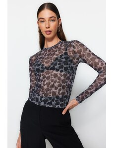 Trendyol Black Printed Tulle Fitted/Simple Crop, Stretchy Knit Blouse
