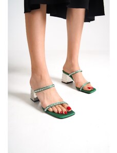 Capone Outfitters Capone Flat Toe Women's Satin Grass Green Slippers with Mirror Detail Double Striped Metal Block Heel.
