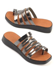 Capone Outfitters Capone Toe Detail Multi-Stripes Platinum Women's Leather Slippers.