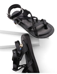 Marjin Women's Genuine Leather Accessoried Eva Sole With Crossed Threads Detail Daily Sandals Rivade Black.