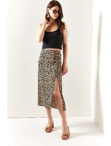 Olalook Women's Beige Leopard Slit Patterned Midi Skirt