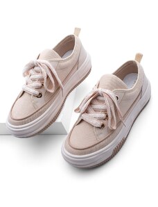 Marjin Women's High-Sole Sneakers, Linen Fabric Lace-Up Sneakers Hesna beige