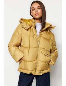 Trendyol Hořčice Oversize vodoodpudivý nafukovací kabát s kapucí