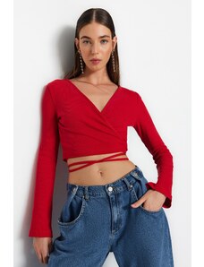 Trendyol Red Ribbed Fitted Long Sleeve Double Breasted Crop Cotton Stretch Knitted Blouse