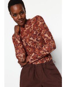Trendyol Brown High Neck Printed Fitted/Situated Tulle Knitted Blouse