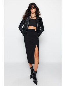Trendyol černá krepová přezka Maxi elastická pletená sukně s vysokým pasem s rozparkem