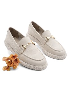 Marjin Women's Buckled Leather Loafers Casual Shoes Runet Beige.