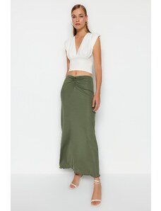 Trendyol Khaki Pleated Maxi Elastic Knitted Skirt