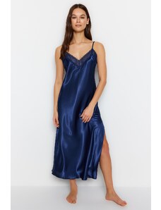 Trendyol Indigo Satin Lace and Slit Detailed Woven Nightgown