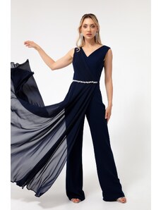 Lafaba Women's Navy Blue Stone Chiffon Evening Dress Jumpsuit