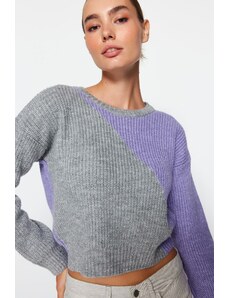 Trendyol šedý crop barevný blok pletený svetr