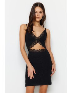 Trendyol Black Lace Detailed Cotton Corded Knitted Nightgown