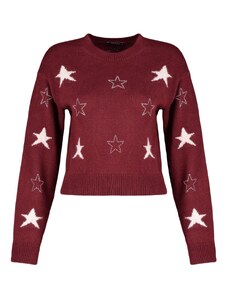 Trendyol Burgundy Crop Měkký texturovaný vzorovaný pletený svetr